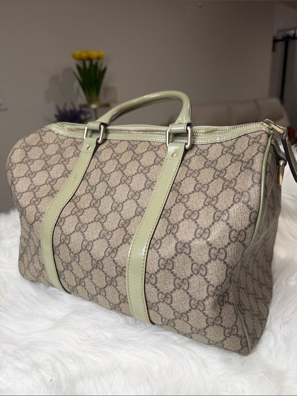 💯Authentic Gucci Vintage GG Monogram Boston Bag Sage Green Patent Leather🍀 - Picture 10 of 17